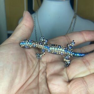 Crystal Lizard Brooch Pin - Blue and Gold Rhinestones